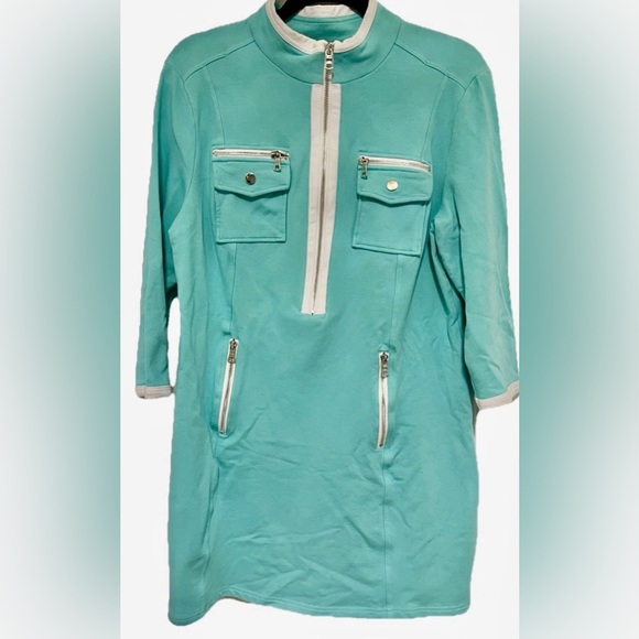 Boston Proper Shift Dress Turquoise Athleisure Chic Zip Front Resort Large - Picture 3 of 13